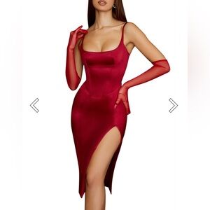 House of CB CASIMIRA RED WINE SATIN CORSET MIDI DRESS